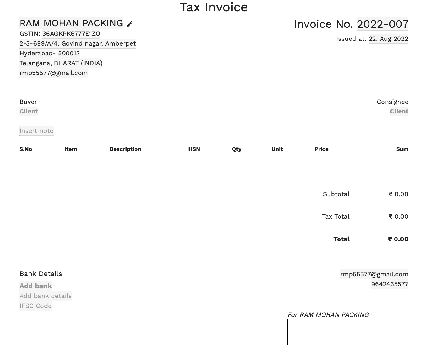 Screenshot of the Customized Invoice.